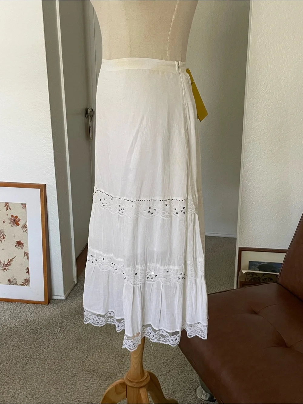 SOLD Y2K 1990s Bb Jeans Boho Fairy Lace Beaded Tier Midi Skirt - Picture 4 of 11